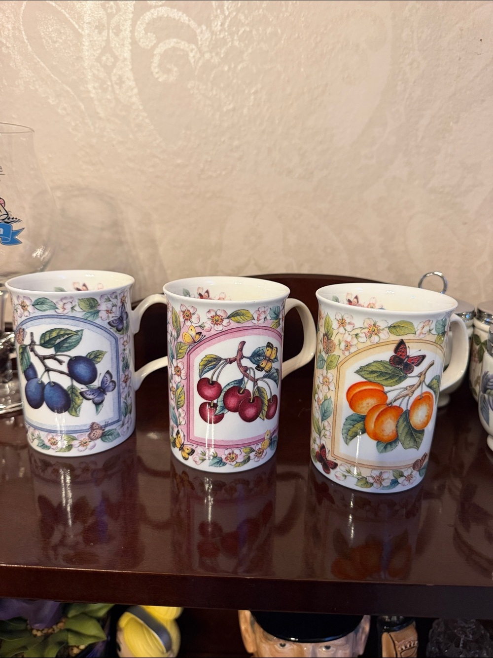 Set of 3 Vintage Roy  Kirkham fruits  with butterflies mugs England